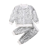 Toddler Kids Girls Outfits Shiny Hooded Zipper Sequin Tops+Bottoms 2 Pcs