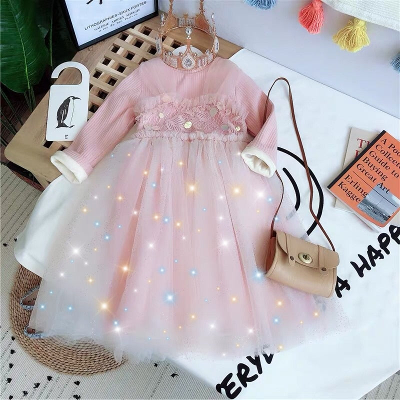 Baby Girl Winter Princess Lace Sequins Velvet Warm Birthday Party Dresses 1-6Y