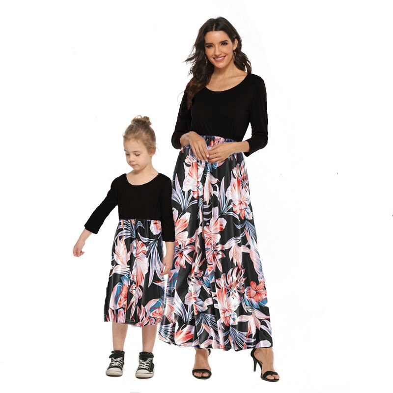 Autumn Family Matching  Mom and Daughter Long Sleeve Long Dress