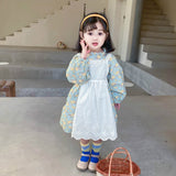 Girls Long Sleeve Floral Lolita Dress Cotton Dress with Apron 2 Pcs