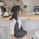 Girls Long Sleeve Dress Kids Houndstooth Vest+Dress 2 Pcs