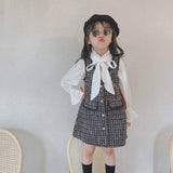 Girls Long Sleeve Dress Kids Houndstooth Vest+Dress 2 Pcs