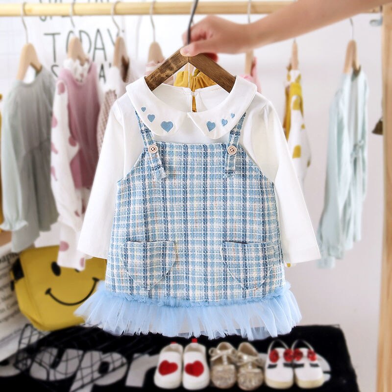 Toddler Baby Girls Fashion Set White Tops+Plaid Sets 2 Pcs