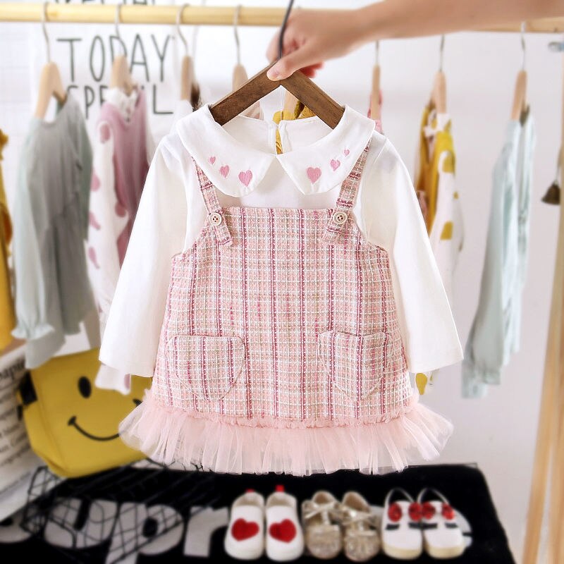Toddler Baby Girls Fashion Set White Tops+Plaid Sets 2 Pcs