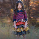 Girls Spring Autum Dress Kids Flower Pastoral Striped Dresses 3-12 Years