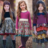 Girls Spring Autum Dress Kids Flower Pastoral Striped Dresses 3-12 Years