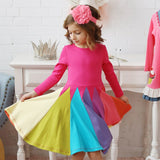 Kids Girl Rainbow Long-sleeved Cartoon Embroidered Cusual  Dresses 2-7 Years