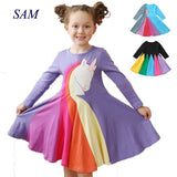 Kids Girl Rainbow Long-sleeved Cartoon Embroidered Cusual  Dresses 2-7 Years