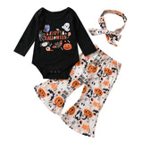 0-24M Baby Girl Halloween Pumpkin Print Long Sleeve Flared 3 Pcs Sets