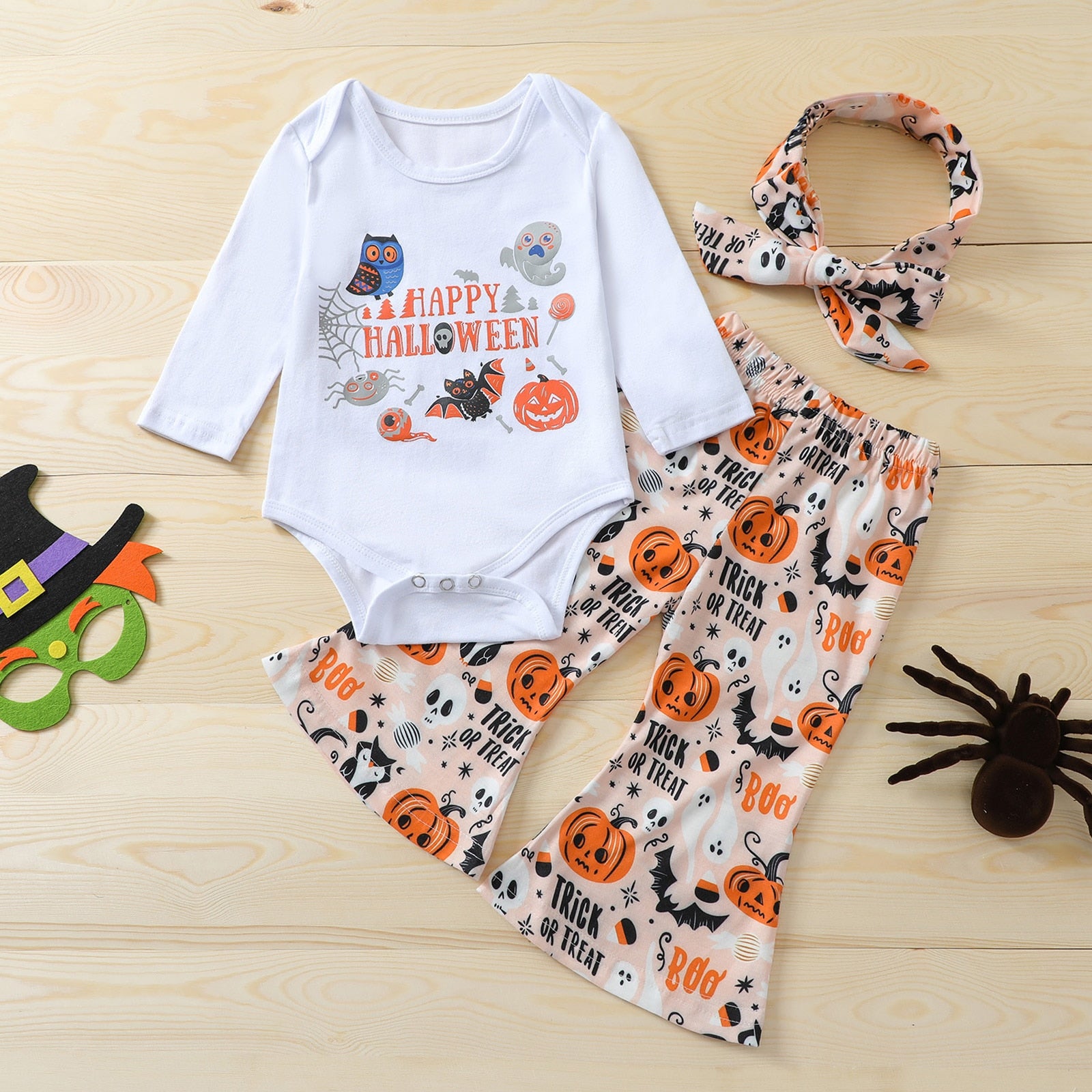 0-24M Baby Girl Halloween Pumpkin Print Long Sleeve Flared 3 Pcs Sets
