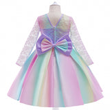 Kid Girl Princess Party Wedding Evening Elegant Bow Rainbow Dresses
