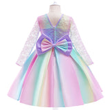 Kid Girl Princess Party Wedding Evening Elegant Bow Rainbow Dresses