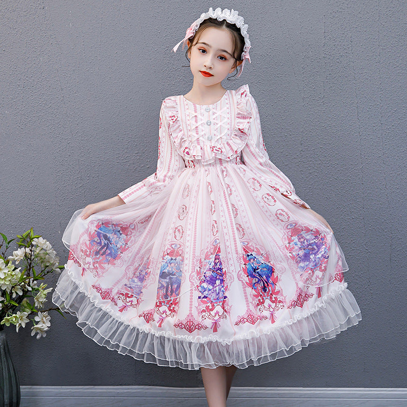 Kids Girl Long-sleeved Lolita Skirt Autumn Princess Cotton Dress