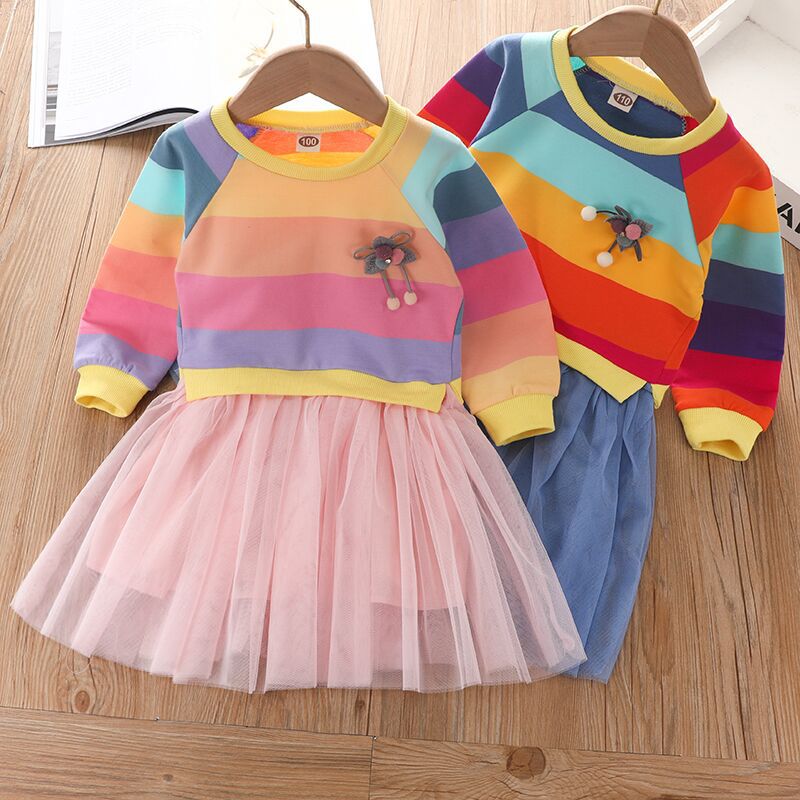 Spring Autumn Girls Long Sleeve Striped Colorful Rainbow Dresses