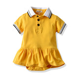 Baby Girls Short Sleeve Polo Lapel Pleated Summer Rompers