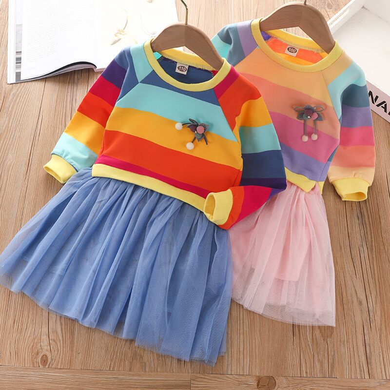 Spring Autumn Girls Long Sleeve Striped Colorful Rainbow Dresses