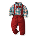 Long Sleeve Plaid Suspender Christmas Baby Boy 2 Pcs Set Suits