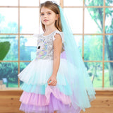 Girls Unicorn Princess Rainbow Mesh Ballet Halloween Christmas Dress