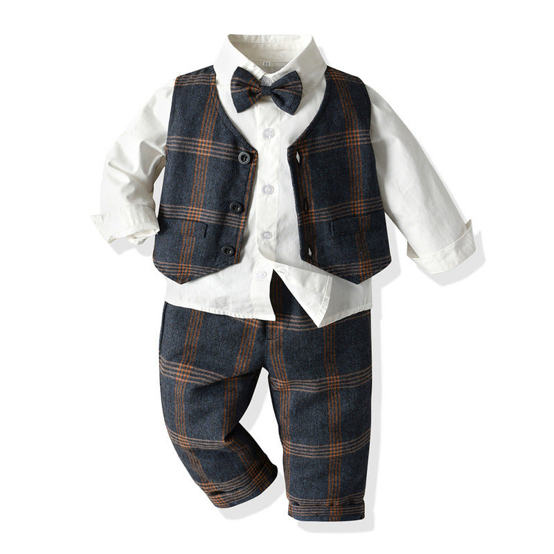 Kid Baby Boys Suit Check Gentleman Autumn Spring 3 Pcs Sets