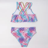 Kid Girls Swimwear Feather Print Binding Bikini Swimsuits