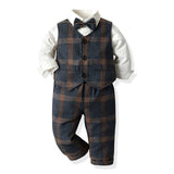 Kid Baby Boy Plaid Long Sleeve British Suit 2 Pcs Sets