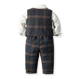 Kid Baby Boy Plaid Long Sleeve British Suit 2 Pcs Sets