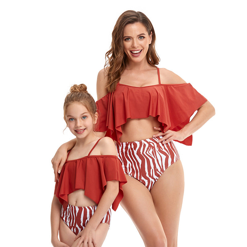 Family Matching Parent-child Split Hibiscus Lotus Leaf Swimsuit
