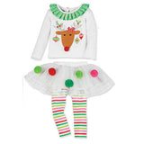 Kids Girl Christmas Moose Print Poncho Striped Suits 2 Pcs