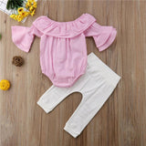 Baby Girls Off Shoulder Flare Sleeve Ripped Outfits 2 Pcs Sets