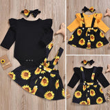 Baby Girls Ruffle Long Sleeve Sunflower Suspender 3 Pcs Set