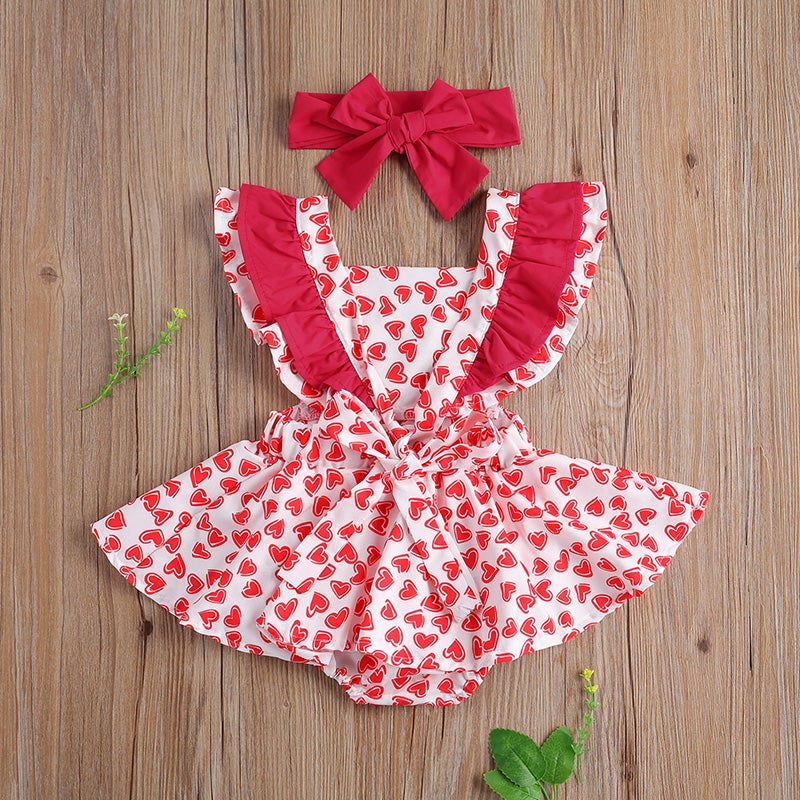 Baby Girl Heart Printed Sleeveless Dress Ruffle Valentine 2 Pcs Sets