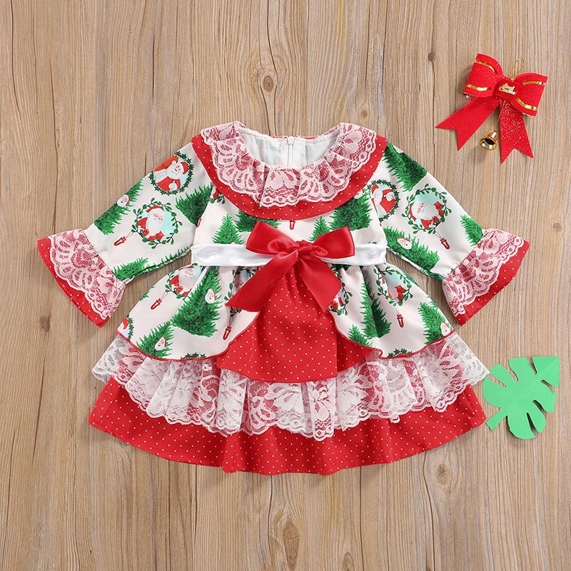 Toddler Baby Girl Santa Claus Flower Print Long Sleeve Lace Dress