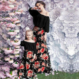 Family Matching Mommy and Me Off Shoulder Long-Sleeved Stitching Floral Dress