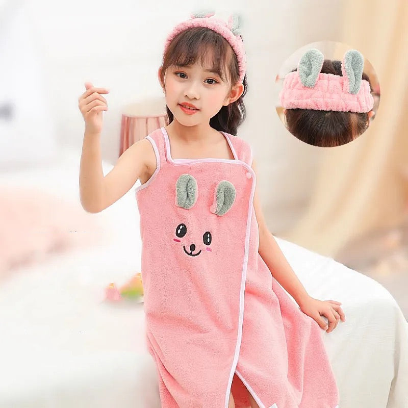 Kid Baby Girl Sling Skirt Cute Rabbit Quick-drying Cartoon Suit Bathrobe Pajamas