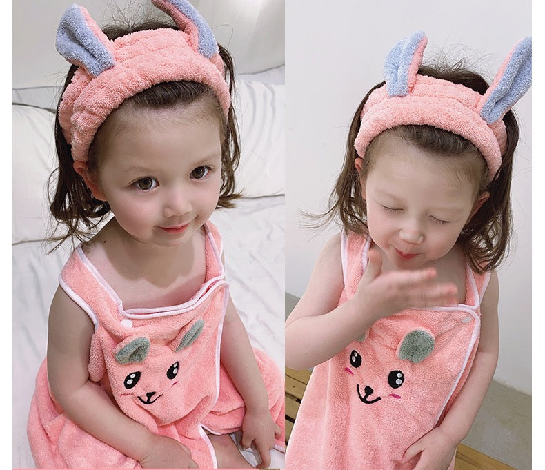 Kid Baby Girl Sling Skirt Cute Rabbit Quick-drying Cartoon Suit Bathrobe Pajamas