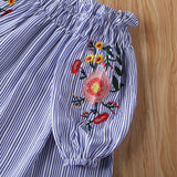 Kid Girl Flower Embroidered Off Shoulder Top + Hole Denim Pant Costumes 3-8Y - honeylives