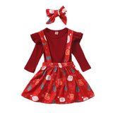 Baby Girl Christmas Long Sleeve Tops+Bowknot Suspender Skirt+Headband 3 Pcs Sets