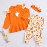 0-18M Baby Girl Halloween Frilly Long Sleeves Pumpkin Print 3 Pcs Sets