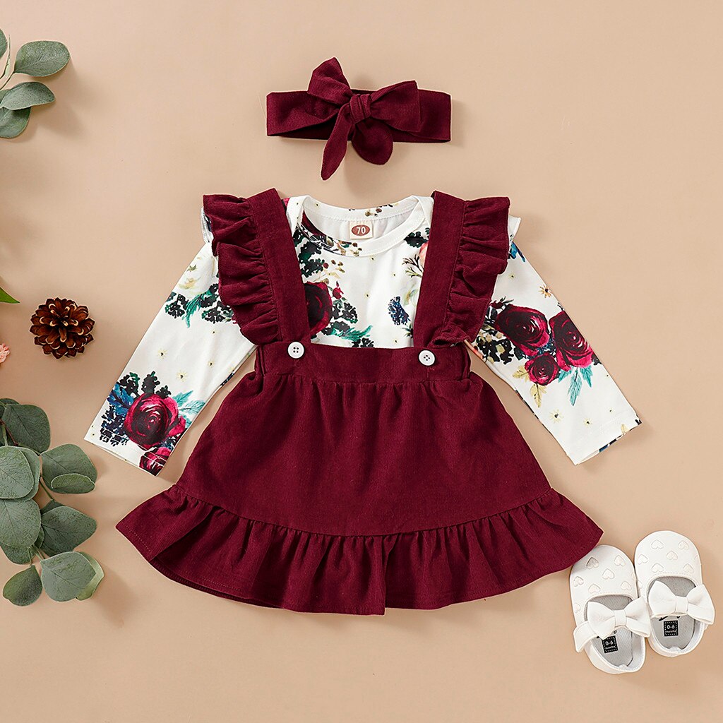 Sweet Baby Girl Long-Sleeve Floral Jumpsuit+Solid Dress+Headband 3Pcs - honeylives