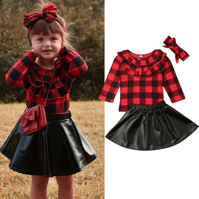 Baby Girl Cute Plaid Christmas Tops +Leather Party Dress +Headband 3Pcs 1-6 Years