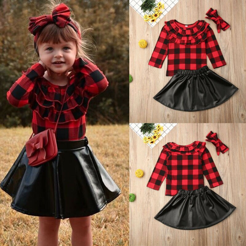 Baby Girl Cute Plaid Christmas Tops +Leather Party Dress +Headband 3Pcs 1-6 Years