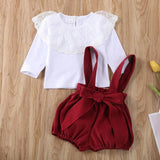 Baby Girl Outfit Long Sleeve Lace Ruffle Collar Suspender 2 Pcs Sets