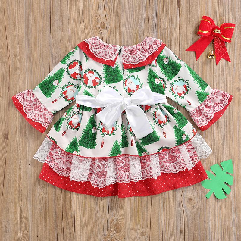 Toddler Baby Girl Santa Claus Flower Print Long Sleeve Lace Dress
