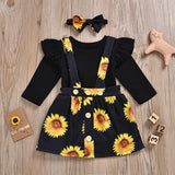 Baby Girls Ruffle Long Sleeve Sunflower Suspender 3 Pcs Set