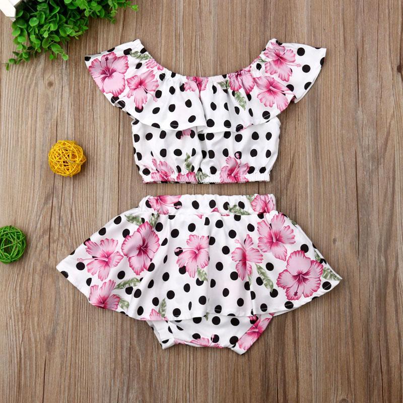 Baby Girl Flower Print Polka Dot Off Shoulder Tops Shorts 2pcs Sets