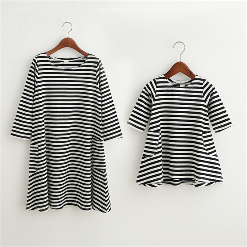 Family Matching Parent-child Black and White Stripe Casual Dress
