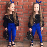 Kid Baby Girl Suit Chiffon A Word Collar Dew Shoulder Spring 2 Pcs Sets