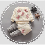 Baby Girl Bow-tie Suit Thickened Added Fleece Suits 2 Pcs Sets