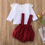 Baby Girl Outfit Long Sleeve Lace Ruffle Collar Suspender 2 Pcs Sets