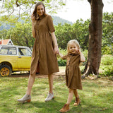 Family Matching Mommy And Me Outfits Front-Button Collar Midi-Sleeve Solid Dresses